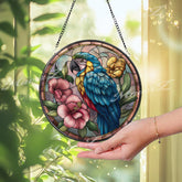 Parrot Stained Glass Suncatcher, Round Tropical Bird Window Panel with Hibiscus Flowers, Exotic Colorful Home Decor Gift